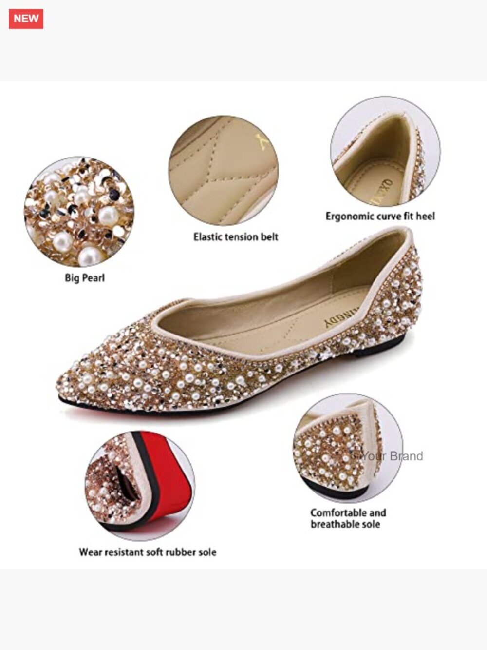 Rhinestone Pointed Toe Flats Memory Foam Insole Wedding Work Dance Ballet Flats - Picture 5 of 7